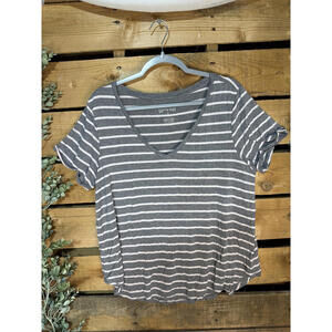 American Eagle Soft & Sexy Gray and White Striped V-Neck T-Shirt
